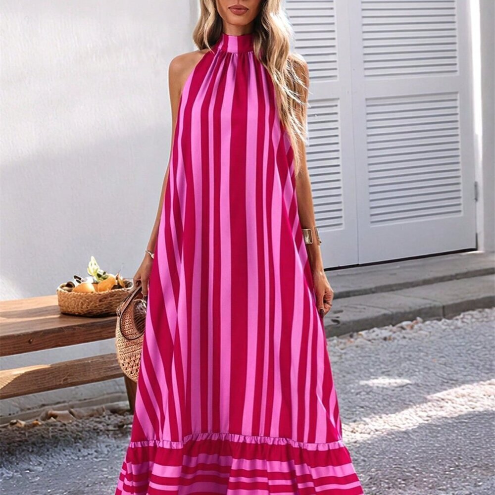 Pink Casual Women's Woven Striped Print Spaghetti Strap Dress